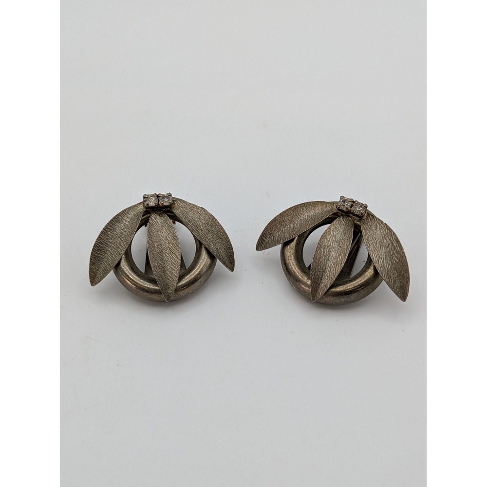 Vintage Silver Tone Leaf Hoop Clip On Earrings Rhinestone Accent Unsigned